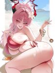  1girl ass bare_arms bare_legs bare_shoulders bikini blue_archive blue_sky blush border bracelet breasts cleavage coin coin_on_string commentary day fangs flower gold_bracelet hair_flower hair_intakes hair_ornament halo hands_up head_tilt highres holding horns island jewelry large_breasts legs long_hair looking_at_viewer lotion lotion_bottle lying multicolored_horns musclexm ocean official_alternate_costume on_side open_mouth outdoors parted_bangs pillarboxed pink_eyes pink_hair red_bikini red_halo red_horns satsuki_(blue_archive) satsuki_(swimsuit)_(blue_archive) side-tie_bikini_bottom sideboob sidelocks sky smile solo swimsuit teeth thighs two-tone_horns upper_teeth_only very_long_hair white_border white_flower 