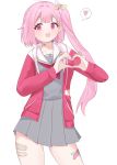  1girl absurdres alternate_hair_length_(longer) alternate_hairstyle aya16_ai badge bandaid bandaid_on_leg bandaid_on_neck bandaid_on_thigh blush button_badge collarbone commentary crossed_bandaids grey_serafuku grey_skirt hair_intakes heart heart_hands highres hood hoodie long_hair long_sleeves miyamasuzaka_girls'_academy_school_uniform neckerchief ootori_emu open_clothes open_hoodie open_mouth pink_eyes pink_hair pink_hoodie pink_neckerchief pleated_skirt project_sekai sailor_collar school_uniform serafuku side_ponytail simple_background skirt smile solo spoken_heart thighs untranslatable_commentary white_background white_sailor_collar 