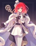  1girl :o absurdres black_gloves cape chaldea_logo commentary cowboy_shot dress eyes_visible_through_hair fate/grand_order fate_(series) frilled_sleeves frills fujimaru_ritsuka_(female) fujimaru_ritsuka_(female)_(kingdom_of_yours) fur-trimmed_cape fur_trim gloves hat highres holding holding_staff koromo_(osakana0525) long_sleeves looking_at_viewer medium_hair mini_hat open_mouth orange_eyes pants pants_under_dress purple_cape red_hair solo staff white_dress white_pants 