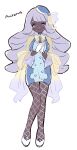  1girl alternate_costume blue_dress blue_gem blue_hat bow bowtie breasts dark-skinned_female dark_skin dress fascinator fishnets full_body gem hat highres jacinthe_(pokemon) jacket kino_haruc long_hair looking_at_viewer low_drills pokemon pokemon_legends:_z-a purple_eyes purple_hair see-through_clothes see-through_jacket shoes simple_background smile solo standing white_background white_shoes yellow_bow yellow_bowtie yellow_jacket 