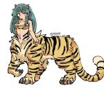  1girl animal_hands animal_print bare_shoulders bikini breasts centauroid collarbone commentary_request cone_horns facial_mark full_body fur_bikini green_hair horns long_hair long_sidelocks looking_at_viewer lum medium_breasts monsterification navel oni orange_fur print_bikini sidelocks signature simple_background sketch small_horns solo strapless strapless_bikini striped_fur striped_horns striped_tail swimsuit tail taur tiger_girl tiger_paws tiger_print tiger_print_bikini tiger_stripes tiger_tail translation_request unagicaaaaat urusei_yatsura watermark white_background yellow_bikini yellow_eyes yellow_horns 