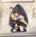  1girl absurdres animal_ears assault_rifle bandana bandana_around_neck bare_shoulders beret black_leotard breasts brown_gloves brown_hair cleavage commentary dress english_commentary fake_animal_ears gloves green_eyes green_hat grenade_launcher gun hair_between_eyes hat highres holding holding_gun holding_knife holding_weapon knife leotard m203 m4_carbine medium_breasts original parted_lips rabbit_ears rifle scope skindentation solo strapless strapless_dress stratosphere_(coom1017) underbarrel_grenade_launcher weapon weapon_request 