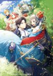  >:) 2boys 2girls :d ahoge arched_crown ascot bare_shoulders black_hair black_shirt blonde_hair blue_coat blue_dress blue_eyes blue_gem blue_ribbon blush bow bowtie brooch buttons carrying castle choker closed_mouth cloud coat collared_coat collared_shirt commentary_request copyright_name cover cover_page crown curtained_hair dansou_kishi_tadaima_oujo_mo_kennin-chuu! day double-breasted dress epaulettes eye_contact falling_petals feet_out_of_frame frilled_dress frills gem gloves gold_trim green_eyes grey_hair grey_pants hair_ribbon hand_on_own_head jacket jacket_on_shoulders jewelry lapels long_dress long_hair long_sleeves looking_at_another low_ponytail mou_(mooooow) multicolored_jacket multiple_boys multiple_girls neck_ribbon notched_lapels novel_cover off-shoulder_dress off_shoulder official_art open_mouth orange_eyes pants parted_bangs petals pink_hair ponytail princess_carry puffy_long_sleeves puffy_sleeves red_eyes red_jacket red_ribbon ribbon sheath sheathed shirt short_bangs short_hair short_sleeves sleeve_cuffs smile standing surprised sweatdrop swept_bangs sword tassel tilted_headwear tree two-tone_jacket v-shaped_eyebrows very_long_hair weapon white_ascot white_bow white_bowtie white_gloves white_jacket yellow_choker yellow_dress yellow_petals 