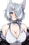  1girl :3 absurdres animal_ear_fluff animal_ears aqua_eyes bare_shoulders blush breasts collar commentary cross-shaped_pupils daydarion elira_pendora elira_pendora_(6th_costume) english_commentary fur-trimmed_jacket fur_trim grey_hair hair_over_one_eye highres jacket large_breasts large_variant_set looking_at_viewer mole mole_on_armpit nijisanji nijisanji_en off_shoulder short_hair simple_background solo symbol-shaped_pupils upper_body variant_set virtual_youtuber white_background wolf_ears 