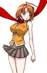  my-hime orange_shirt pleated_skirt red_scarf scarf school_uniform shirono shirt simple_background skirt solo tokiha_mai white_background 