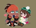  1boy 1girl :3 black_boots black_jacket boots bright_pupils brown_background brown_boots brown_hair commentary egg gloria_(pokemon) green_hat green_socks hat heart jacket pokemon pokemon_egg pokemon_sword_and_shield raihan_(pokemon) simple_background snowangel_(artist) socks white_pupils 