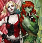  2girls arms_around_neck batman_(series) bell black_collar black_gloves blue_hair breasts collar collarbone colored_skin commentary dc_comics elbow_gloves english_commentary eyeshadow fingerless_gloves gloves green_eyes green_lips green_skin hair_ornament hand_on_own_hip harley_quinn highres hug large_breasts leaf_clothing leaf_hair_ornament long_hair looking_at_viewer makeup medium_breasts midriff multiple_girls navel neck_bell orange_hair parted_lips pink_hair plant_clothing poison_ivy red_hair red_lips shorts stanley_lau twintails two-tone_vest vest 