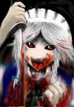  black_sclera blood blood_on_face bow braid censored chado fake_censor guro hair_bow holding holding_knife horror_(theme) izayoi_sakuya knife maid maid_headdress mosaic_censoring red_eyes silver_hair solo tongue tongue_out touhou twin_braids 