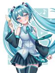  1girl aqua_background aqua_eyes aqua_hair aqua_nails aqua_necktie aqua_trim bare_shoulders black_skirt black_sleeves black_thighhighs closed_mouth commentary_request detached_sleeves dot_nose fingernails food food_on_face grey_shirt hair_ornament hand_up hatsune_miku highres holding holding_ice_cream_cone ice_cream ice_cream_cone ice_cream_on_face long_hair looking_at_viewer maarin_(59567861) musical_note nail_polish necktie pleated_skirt shirt skirt sleeveless sleeveless_shirt smile solo sparkle thighhighs tie_clip tongue tongue_out twintails very_long_hair vocaloid white_background wide_sleeves zettai_ryouiki 