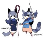 2girls :d animal_ears black_eyes blue_cape blue_tunic blush cape cat_ears cat_girl cat_tail character_name chinese_commentary cinderheart cinderpelt commentary_request deformed fang flat_color full_body grey_hair highres holding holding_staff holding_sword holding_weapon hood hood_down hooded_cape long_hair low_ponytail multiple_girls name_connection open_mouth personification ponytail power_of_three rehtaef simple_background smile staff sword tail tunic warrior_cats weapon white_background 