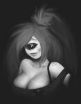  1girl artrextino big_hair black_sclera body_freckles breasts cleavage closed_mouth collar colored_sclera cross-shaped_pupils cyclops eyelashes freckles greyscale large_breasts long_hair monochrome no_nose one-eyed original ponytail shoulder_freckles smile solo symbol-shaped_pupils 