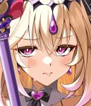  1girl antenna_hair black_dress blonde_hair blush bow brooch closed_mouth cure_arcana_shadow diamond_hairband dress earrings gradient_hair heart heart_brooch highres holding holding_staff jewelry long_hair looking_at_viewer magical_girl meitantei_precure! moria_luluka multicolored_hair ohta_yuichi precure purple_eyes purple_veil solo staff sweatdrop tear_arcana_rod upper_body veil very_long_hair 
