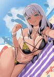  1girl :p aircraft aqua_eyes barbell_piercing beach bikini black_hair blue_sky braid braided_bangs breasts bright_pupils cleavage cloud colored_tips commentary commission day ear_piercing english_commentary grey_hair highres hololive hololive_indonesia hot_air_balloon industrial_piercing jewelry kangbus large_breasts long_hair looking_at_viewer lying multi-strapped_bikini_bottom multi-strapped_bikini_top multicolored_hair necklace o-ring o-ring_bikini on_side outdoors pavolia_reine piercing revealing_tanlines shibari_tan sky solo strap_lift swimsuit tanlines tongue tongue_out very_long_hair virtual_youtuber white_pupils 