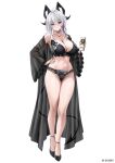  1girl ahoge alternate_breast_size_(larger) beer_can black_bra black_horns black_nails black_panties black_robe black_shoes black_tail bra breasts can commentary curled_horns demon_tail drink_can fingernails full_body groin hair_between_eyes hand_on_own_hip highres holding holding_can horns huge_breasts jewelry long_hair m_(1n910) mole mole_on_breast multicolored_hair nail_polish navel necklace panties parted_lips red_eyes robe shoes simple_background solo standing stomach streaked_hair tachi-e tail thighs toe_scrunch underwear underwear_only white_background white_hair wuthering_waves zani_(wuthering_waves) 