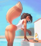  2018 anthro bottomless breasts brown_hair butt canine clothed clothing day eyewear female fluffy fluffy_tail fox glasses hair hi_res mammal outside shirt solo swimming_pool tank_top woadedfox 