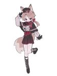  1boy :3 :d animal_ears argyle_clothes argyle_socks arm_up black_capelet black_gloves black_hat black_shoes black_shorts black_socks bow brown_eyes brown_hair capelet commentary english_commentary fox_boy fox_ears fox_tail full_body gloves hair_bow hat highres kneehighs legwear_garter long_hair long_sleeves looking_at_viewer low_ponytail male_focus mofumiwa open_mouth original parted_bangs plaid_clothes plaid_scarf ponytail red_bow red_scarf scarf shirt shoes shorts simple_background smile socks solo standing standing_on_one_leg tail trap waist_bow white_background white_shirt 