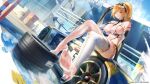  1girl absurdres alps_(daiblos_core) armpit_crease artist_request audi_r8 bird blonde_hair boots breasts building car checkered_clothes checkered_flag checkered_skirt cleavage commentary_request copyright_name copyright_notice daiblos_core dutch_angle elbow_gloves feet flag gloves green_eyes hand_on_car hand_on_headwear high_heels highres large_breasts looking_at_viewer medium_hair motor_vehicle official_art on_car orange_skirt ponytail race_vehicle racecar second-party_source see-through_clothes see-through_footwear see-through_legwear see-through_shirt shirt sidelocks sitting skindentation skirt soles solo spoiler_(automobile) sweat thigh_boots traffic_cone unused_tire visor_cap white_boots zettai_ryouiki 