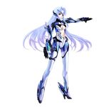  armor breasts center_opening choco high_heels kos-mos long_hair lowres medium_breasts outstretched_arm red_eyes simple_background solo very_long_hair white_background white_hair xenosaga 