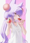  1girl absurdres ahoge bare_arms blue_eyes blush breasts carbonara_(user_jstu7878) commentary fingernails food from_side fruit green_scrunchie hair_intakes hair_ornament hair_scrunchie hands_up heterochromia highres holding holding_food holding_fruit licking_food looking_at_viewer looking_to_the_side low_twintails no_bra orange_eyes pink_background pom_pom_(clothes) pom_pom_hair_ornament red_scrunchie scrunchie sideways_glance small_breasts solo stellive strawberry tank_top tenko_shibuki twintails two-tone_background upper_body virtual_youtuber white_background white_tank_top 