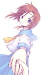  blue_dress blue_eyes brown_hair dress hands higurashi_no_naku_koro_ni long_sleeves pov ryuuguu_rena school_uniform shima_tokio short_hair simple_background solo_focus white_background 