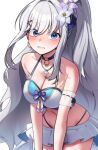  1girl absurdres adina_savic bare_arms bare_shoulders beads bikini bikini_skirt black_survival blue_eyes blush bow bow_bikini breasts choker cleavage collarbone commentary commission earrings english_commentary eternal_return:_black_survival gold_earrings hair_between_eyes hair_intakes hair_ornament highres hoop_earrings jewelry large_breasts long_hair looking_at_viewer medium_breasts miniskirt moonb3702 necklace official_alternate_costume parted_lips shell shell_necklace sidelocks simple_background skirt solo standing star_(symbol) swimsuit thighs very_long_hair white_background white_bikini white_hair 