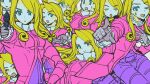  1boy aiming aiming_at_viewer argyle_clothes argyle_gloves asami_poe_n blonde_hair blue_eyes coat commentary_request curly_hair frilled_shirt_collar frilled_sleeves frills funny_valentine gloves gun highres holding holding_gun holding_weapon jacket jojo_no_kimyou_na_bouken long_hair long_sleeves looking_at_viewer male_focus multiple_boys multiple_persona open_mouth pink_coat smile steel_ball_run weapon 