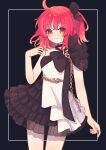  1girl absurdres ahoge arm_up black_bow border bow chain chaldea_logo chest_bow commentary cowboy_shot dress fate/grand_order fate_(series) frilled_skirt frills fujimaru_ritsuka_(female) fujimaru_ritsuka_(female)_(korean_ver._8th_anniversary) hair_ornament halter_dress halterneck highres koromo_(osakana0525) layered_skirt light_smile looking_at_viewer orange_eyes red_hair see-through_clothes see-through_skirt_layer single_bare_arm skirt solo white_border 