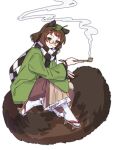  1girl :3 absurdres animal_ears brown_eyes brown_hair checkered_clothes checkered_scarf closed_mouth commentary_request full_body futatsuiwa_mamizou futatsuiwa_mamizou_(human) geta glasses green_haori haori highres holding holding_smoking_pipe japanese_clothes large_tail leaf leaf_on_head looking_at_viewer nnn_lu one-hour_drawing_challenge raccoon_ears raccoon_girl raccoon_tail scarf simple_background sitting_on_own_tail smile smoking_pipe socks solo tail touhou white_background white_socks 