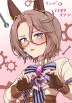  1girl animal_ears blue_eyes blush bow bowtie brooch brown_gloves brown_hair commentary ear_covers fingerless_gloves four-finger_heart_hands gears gloves hair_between_eyes heart heart_hands highres horse_ears horse_girl jewelry long_sleeves looking_at_viewer monocle narita_taishin_(difference_engineer)_(umamusume) narita_taishin_(umamusume) official_alternate_costume open_mouth purple_bow shirt short_hair suzuneiroekaki translated umamusume upper_body white_shirt wrench 