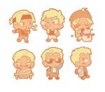  1boy absurdres backpack bag beanie black_tank_top blonde_hair blowing_whistle blush bottle building_snowman chibi chibi_only closed_eyes commentary dark-skinned_male dark_skin drinking gamagoori_ira glasses hair_slicked_back hat headband highres jacket kill_la_kill looking_at_viewer male_focus multiple_views orange_shirt pants parted_bangs qin_(7833198) reading shirt simple_background sunglasses sweat sweater tank_top towel towel_around_neck untranslatable_commentary water_bottle white_background white_pants white_shirt yellow_theme 