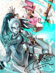  2girls arm_blade blue_eyes breasts commentary danger_(x-men) dark-skinned_female dark_skin english_commentary gloves hat hat_feather hat_over_one_eye highres humanoid_robot joints katou_yuuki marvel marvel_tokon:_fighting_souls mechanical_hair multiple_girls official_art open_mouth robot robot_girl robot_joints top_hat weapon white_gloves white_hair xirena_awhina 