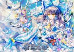  1girl alternate_color ascot bird blue_bow blue_flower blue_skirt bow brown_hair commentary_request detached_sleeves english_text flower flower_request frilled_bow frilled_hair_tubes frilled_skirt frills hair_bow hair_tubes hakurei_reimu long_hair midriff navel player_2 purple_flower red_flower ribbon-trimmed_sleeves ribbon_trim sanuo skirt skirt_set solo torii touhou translation_request white_bird white_flower yellow_ascot yellow_eyes 