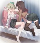  2girls absurdres black_hair black_thighhighs bra breasts chinese_commentary commentary_request curtains fang green_skirt hair_ornament hairclip highres holding_another's_wrist indoors kneehighs long_hair long_sleeves mikiseriavoid multiple_girls nangong_yu on_bed pink_bra pink_nails pleated_skirt red_nails skin_fang skirt socks sunna_(zenless_zone_zero) thighhighs underwear white_socks yuri zenless_zone_zero 