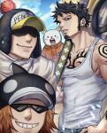  4boys bear bepo_(one_piece) black_hair blue_sky brown_hair chest_tattoo cloud cloudy_sky collarbone commentary earrings facial_hair grin hat highres jewelry jumpsuit looking_at_viewer male_focus multiple_boys one_piece outdoors parted_lips penguin_(one_piece) polar_bear pur_ple02imo shachi_(one_piece) short_hair shoulder_tattoo sky smile sunglasses tank_top tattoo trafalgar_law untranslatable_commentary upper_body white_tank_top 