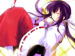  bell closed_eyes copyright_request hakama japanese_clothes jingle_bell long_hair long_sleeves mikeou miko red_hakama ribbon-trimmed_sleeves ribbon_trim sidelocks sleeping solo tabi wallpaper 