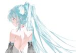  1girl absurdres aqua_eyes aqua_hair aqua_trim arms_at_sides artist_name back backless_outfit backless_shirt bare_back bare_shoulders black_sleeves detached_sleeves from_behind grey_shirt hair_between_eyes hatsune_miku highres long_hair looking_ahead minyami_(hia8038) neck_tattoo number_tattoo profile shirt sidelocks simple_background solo tattoo twintails upper_body very_long_hair vocaloid white_background 