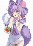  1girl :3 :d absurdres bare_arms blue_eyes brown_eyes commentary cone_hair_bun covered_navel cowboy_shot double_bun fangs fingernails fluffy_tail food food-themed_hair_ornament fox_girl fox_tail fruit green_scrunchie hair_bun hair_ornament hair_scrunchie heterochromia highres holding holding_food holding_fruit long_hair low_twintails multicolored_hair no_pants offering_food ongsik open_mouth pom_pom_(clothes) pom_pom_hair_ornament purple_hair purple_tail reaching reaching_towards_viewer red_scrunchie scrunchie smile solo standing star_(symbol) star_hair_ornament stellive strawberry strawberry_hair_ornament streaked_hair tail tank_top tenko_shibuki tied_tank_top twintails virtual_youtuber wavy_hair white_streaks white_tank_top 