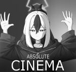  1girl a-dwolf absolute_cinema_(meme) blue_archive choker closed_mouth commentary demon_horns english_commentary expressionless greyscale hair_between_eyes halo hood hood_down hoodie horns kayoko_(blue_archive) long_sleeves looking_at_viewer meme mole mole_on_neck monochrome multicolored_hair ponytail sidelocks solo two-tone_hair 