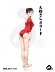  1girl ass athletic_leotard barefoot black_eyes black_hair dated from_behind glasses gymnastics hair_bun leaning_forward leotard looking_at_viewer numbered original q98780409 red_leotard short_hair single_hair_bun solo standing three-quarter_sleeves white_background 