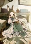  1girl animal_ears bed bow bowl bowtie brown_hair commentary_request dress full_body green_bow green_bowtie green_pantyhose highres holding holding_bowl holding_spoon knees_up long_hair long_sleeves looking_at_viewer on_bed original pantyhose pillow rabbit_ears rabbit_girl sakutake_(ue3sayu) shoes signature sitting solo spoon white_dress white_shoes wooden_spoon 