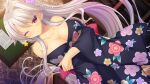  1girl arm_under_breasts back_bow blue_kimono bookshelf bow breasts brown_eyes bulletin_board cleavage closed_mouth collarbone dutch_angle floating_hair floral_print flower furisode game_asset grey_hair hair_flower hair_ornament highres hoshi_furu_yoru_no_farnese jacqueline_sprenger japanese_clothes kimono kimono_partially_removed large_breasts long_hair long_sleeves looking_at_viewer non-web_source one_eye_closed ponytail red_bow self-datamine single_sidelock solo standing tan very_long_hair yukata yukie_(peach_candy) 