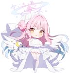  1girl angel_wings aqua_hair bare_shoulders blue_archive blush bow breasts commentary_request crescent crescent_earrings dress earrings elbow_gloves feathered_wings garter_straps gloves gradient_hair hair_bow hair_bun hair_intakes halo huge_breasts jewelry long_hair looking_at_viewer low_wings mika_(blue_archive) multicolored_hair open_mouth pink_hair pink_halo saki_(saki_paint) shoes simple_background single_side_bun solo thighhighs thighs two-tone_hair veil white_background white_bow white_dress white_garter_straps white_gloves white_shoes white_thighhighs white_veil white_wings wings yellow_eyes 