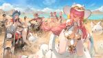  6+girls absurdres animal_print ares_(daiblos_core) artist_request bandana bikini black_bikini blonde_hair blue_hair blue_hat blush bracelet breasts brown_gloves brown_hat character_request cleavage closed_eyes cloud cloudy_sky commentary_request cow_print cowboy_hat curtana_(daiblos_core) cutoff_jeans cutoffs daiblos_core desert dress dust fingerless_gloves full_body gloves goggles goggles_on_head goggles_on_headwear green_eyes grey_hair hair_over_one_eye hat highres huge_breasts jewelry kneeling lake long_hair low-tied_long_hair low_twintails mask motor_vehicle motorcycle mountain multiple_girls navel o-ring o-ring_top official_art on_motorcycle open_mouth pasties pink_hair robot second-party_source short_hair short_shorts shorts sitting_on_robot skindentation sky standing star_(symbol) star_pasties sweat swimsuit teeth thighhighs torn_clothes torn_thighhighs tree twintails upper_teeth_only very_long_hair waving white_dress white_hat white_thighhighs 