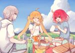  1boy 2girls :d :q ^_^ ahoge alternate_costume artoria_caster_(fate) artoria_pendragon_(fate) barefoot bento blonde_hair blue_ribbon blue_shirt blue_shorts blue_sky bottle braid bread cherry_tomato closed_eyes closed_mouth cloud commentary fate/grand_order fate_(series) food french_braided_ponytail fruit fujimaru_ritsuka_(female) grapes grey_hair hair_between_eyes hair_ribbon highres holding holding_food holding_sandwich jacket koromo_(osakana0525) long_hair medium_hair melon melon_bread multiple_girls oberon_(fate) oberon_(over_the_same_sky)_(fate) open_mouth orange_eyes outdoors pants picnic picnic_basket ponytail red_hair ribbon safety_pin sandwich shirt short_hair short_ponytail short_sleeves shorts sitting sky smile sparkle striped_clothes striped_shirt striped_shorts tomato tongue tongue_out twintails vertical-striped_clothes vertical-striped_shirt very_long_hair water_bottle white_jacket white_pants yakudo_trio 