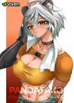  1girl abs absurdres animal_ears arm_tattoo breasts chinchilla_ears commentary dark-skinned_female dark_skin dragon_girl dragon_horns english_commentary green_shorts grey_hair highres horns indie_virtual_youtuber mole mole_under_eye muscular muscular_female navel pandatako sansin_jin scar scar_on_stomach short_hair shorts solo sports_bra sweat tattoo towel towel_around_neck virtual_youtuber yellow_eyes yellow_sports_bra 