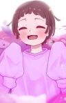  1girl :d absurdres brown_hair choppy_bangs closed_eyes commentary commission commissioner_upload current_nadeko happy highres long_sleeves monogatari_(series) nadetauu official_alternate_hairstyle oversized_clothes pink_sweater pixiv_commission sengoku_nadeko short_hair smile sweater 
