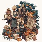  1boy ahoge apple_tree apron artist_name black_boots black_pants boots brown_boots brown_gloves brown_hat closed_mouth collared_shirt commentary_request crate creature crossed_bangs dark-skinned_male dark_skin fantasy full_body gardener gloves hair_between_eyes hat highres instagram_username jimini_shijimi ladder long_sleeves looking_to_the_side male_focus original own_hands_together pants planted planted_shovel pumpkin rubber_boots shirt short_hair shovel skeb_username standing tree twitter_username very_short_hair white-haired_man_(jimini_shijimi) white_background white_hair white_shirt wooden_ladder 