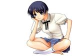  arm_support barefoot black_eyes black_hair blouse bow copyright_request elbow_on_knee elbow_rest hand_on_hip hand_on_own_cheek indian_style miniskirt panties pantyshot pantyshot_(sitting) school_uniform short_hair simple_background single_sock sitting skirt socks solo source_request tanaka_shoutarou underwear white_background white_panties 