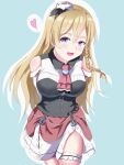  1girl arms_behind_back ascot bare_shoulders black_bodice blonde_hair braid breasts commentary_request grey_eyes hat heart highres kantai_collection layered_skirt long_hair mini_hat open_mouth red_ascot ribo=masu side_braid skirt smile solo tilted_headwear wavy_hair white_skirt zara_(kancolle) zara_due_(kancolle) 