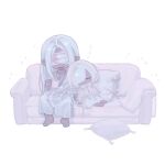  1boy 1girl adashino_adami bandages bandages_over_eyes blood blood_on_bandages capelet chibi colored_blood couch cup dress full_body highres holding holding_cup homicipher hood hooded_capelet leaning_on_person mr._silvair mug omu_o22 on_couch pillow pink_blood pointy_ears robe simple_background sitting sleeping sleeping_on_person white_background white_dress white_hair white_robe 